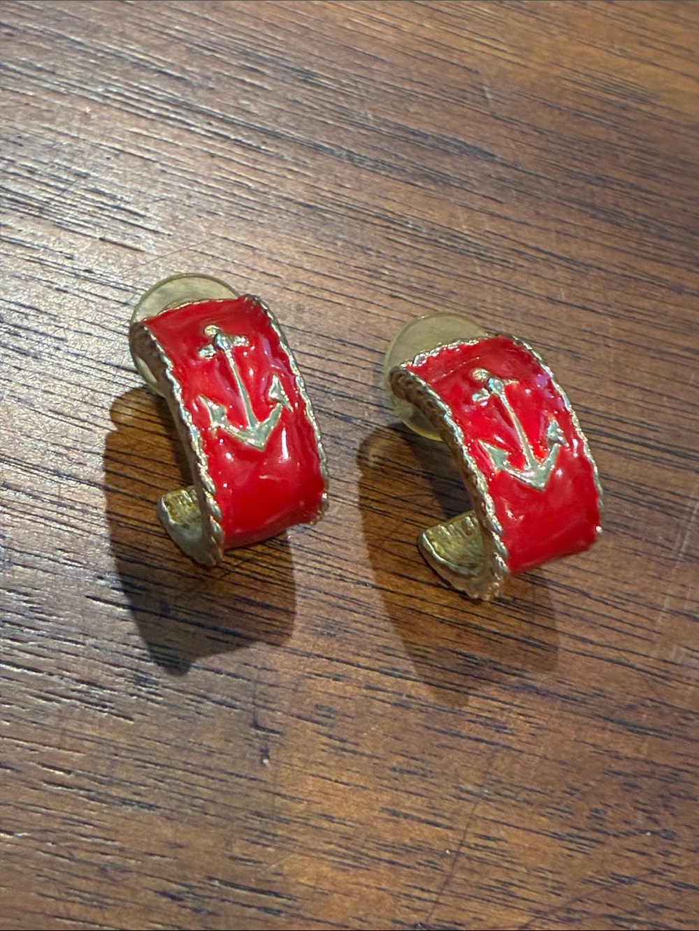 Gold and Red Enamel Anchor Earrings